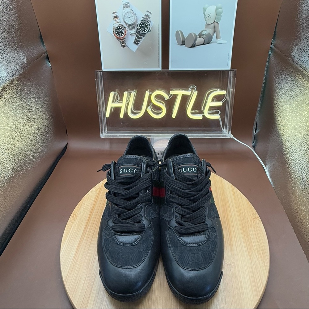 Gucci Guccissima black Leather and Classic Web Men's Sneakers Sz 7.5 - Picture 4 of 13